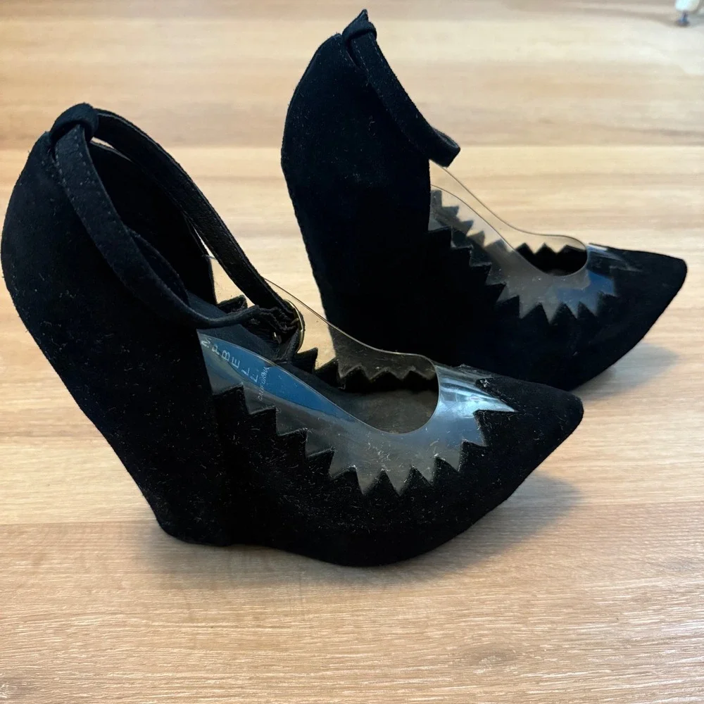 Jeffrey Campbell Wedge Heels 8 Handmade Havana Black Suede Platform ZigZag Clear